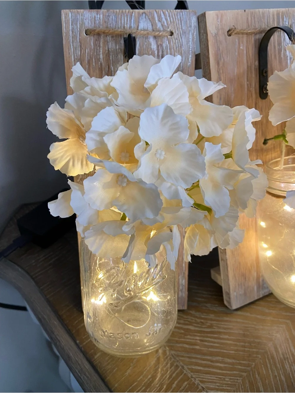 Rustic Wall Sconce Pair with Cream Hydrangea and Warm LED Mason Jars